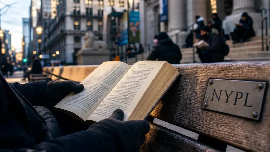 A booklover's guide to new york : lecteur devant NYPL, roman ouvert