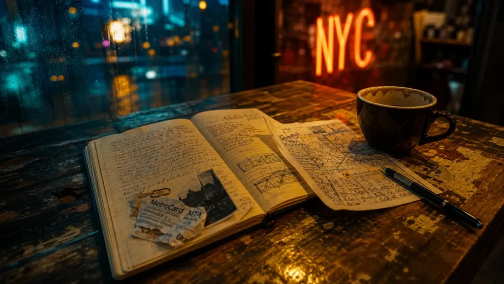 Carnet de voyage new york : carnet ouvert, ticket métro et photo, ambiance café