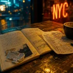 Carnet de voyage new york : carnet ouvert, ticket métro et photo, ambiance café