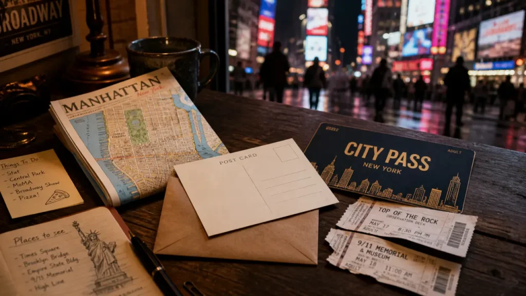 carte city pass new york sur table avec tickets et plan de Manhattan