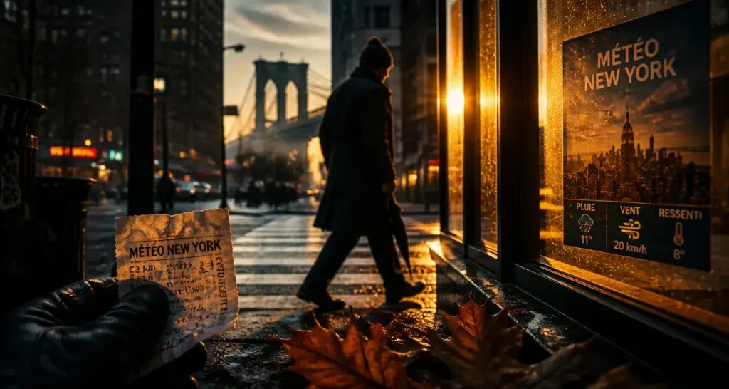 Climat new york : pluie douce à Manhattan, parapluie et golden hour