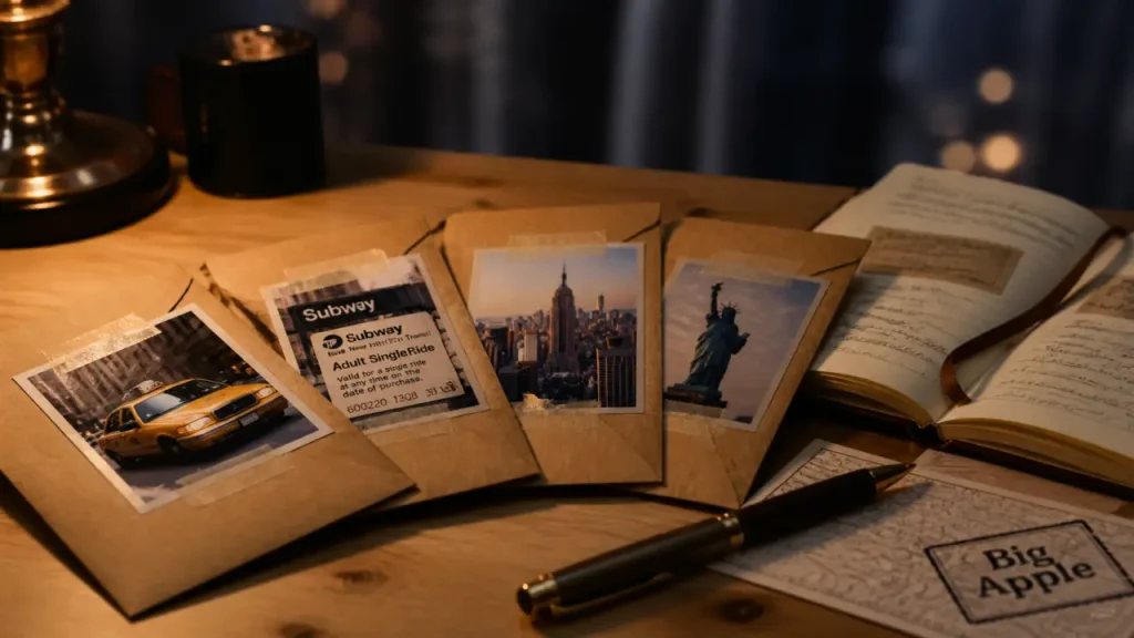 Devinette pour annoncer un voyage à New York, enveloppes kraft, photos New York