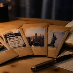 Devinette pour annoncer un voyage à New York, enveloppes kraft, photos New York