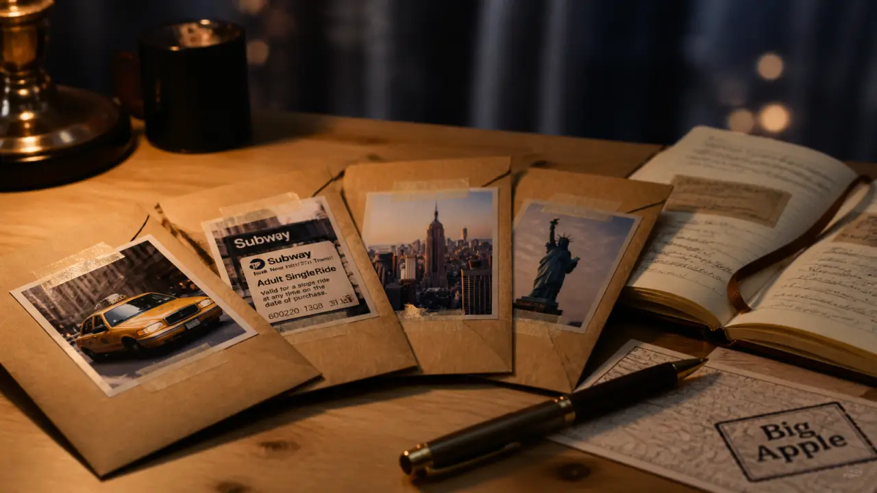 Devinette pour annoncer un voyage à New York, enveloppes kraft, photos New York