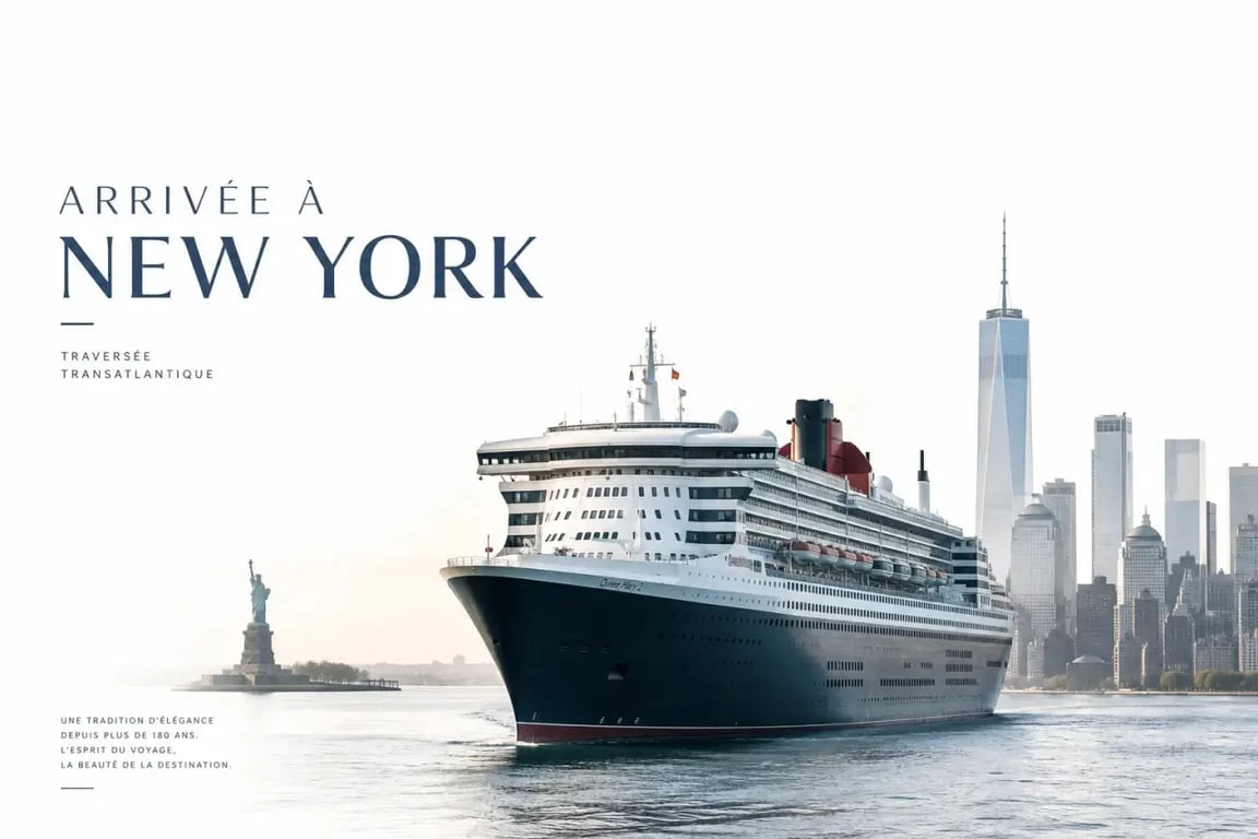 Voyage queen mary 2 new york, paquebot entrant dans le port de Manhattan au lever du jour
