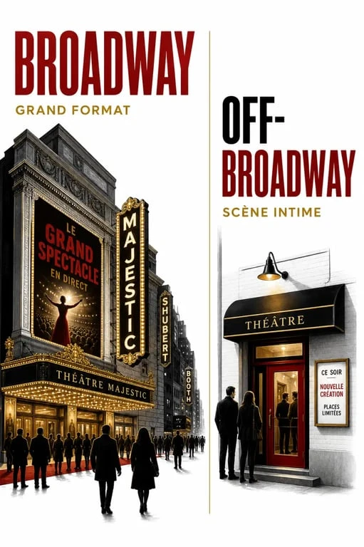 new york theatre guide : comparaison visuelle entre Broadway et Off-Broadway dans le quartier des théâtres de New York