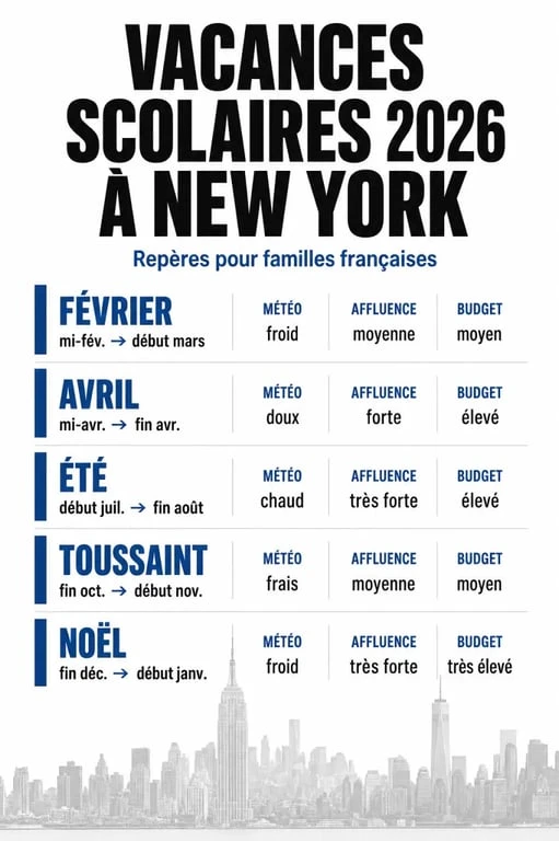 Vacances scolaires 2026 new york : calendrier visuel des meilleures périodes pour partir