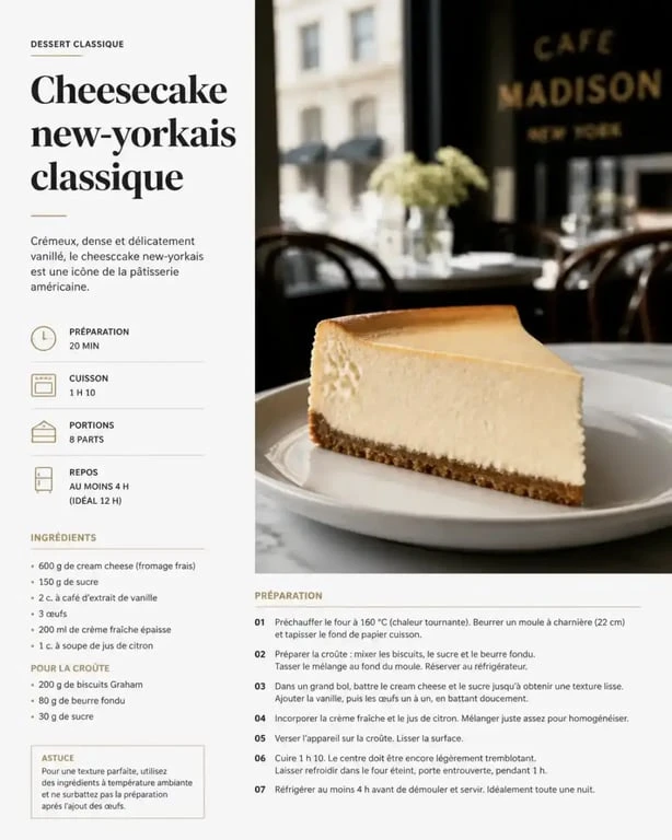 Cheesecake new-yorkais classique, recette emblématique du guide Michelin New York
