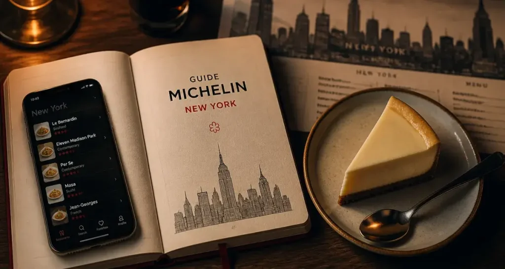 Guide Michelin New York sur carnet, liste restaurants sur mobile et skyline