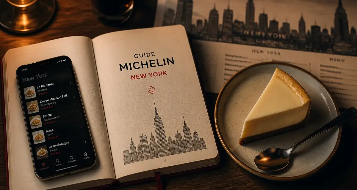 Guide Michelin New York sur carnet, liste restaurants sur mobile et skyline