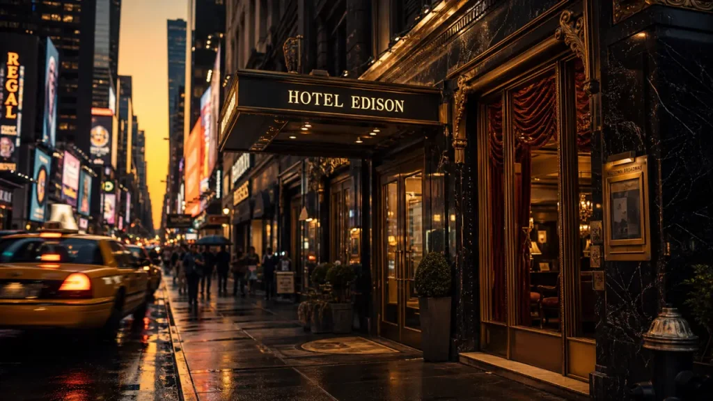 hôtel edison new york à Times Square, entrée Art déco au coucher du soleil