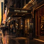 hôtel edison new york à Times Square, entrée Art déco au coucher du soleil