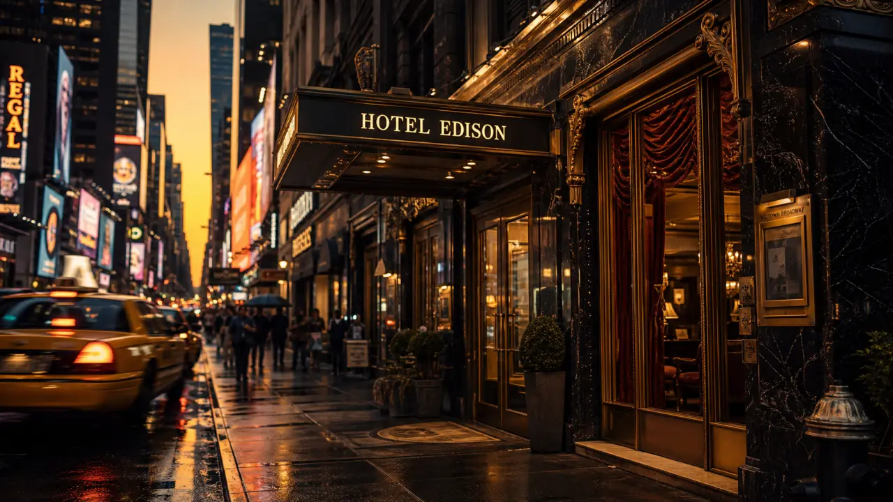 hôtel edison new york à Times Square, entrée Art déco au coucher du soleil
