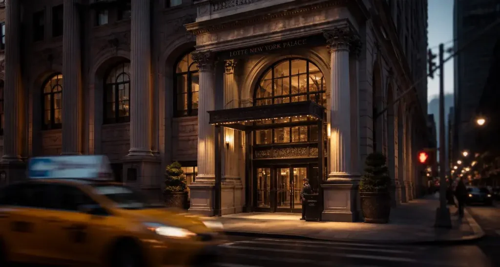 Hôtel Lotte New York Palace à Midtown, façade au lever du jour