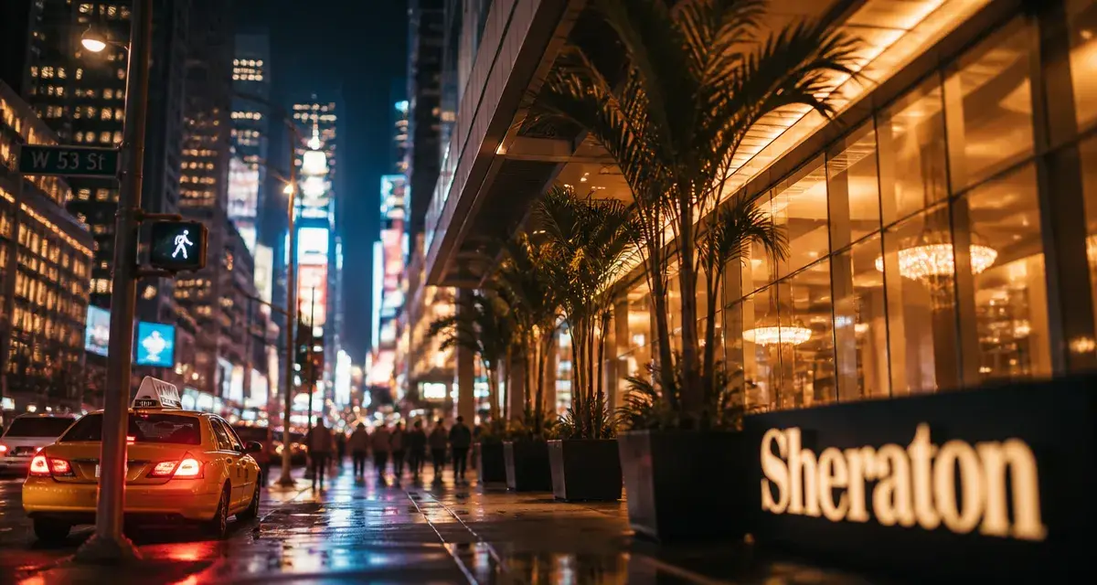 hôtel sheraton new york : hall vitré près de Times Square et taxi jaune