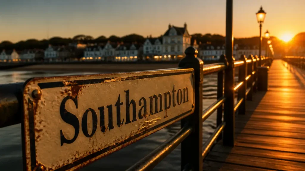 Visiter les hamptons depuis New York : panneau Southampton au quai, golden hour