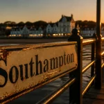 Visiter les hamptons depuis New York : panneau Southampton au quai, golden hour