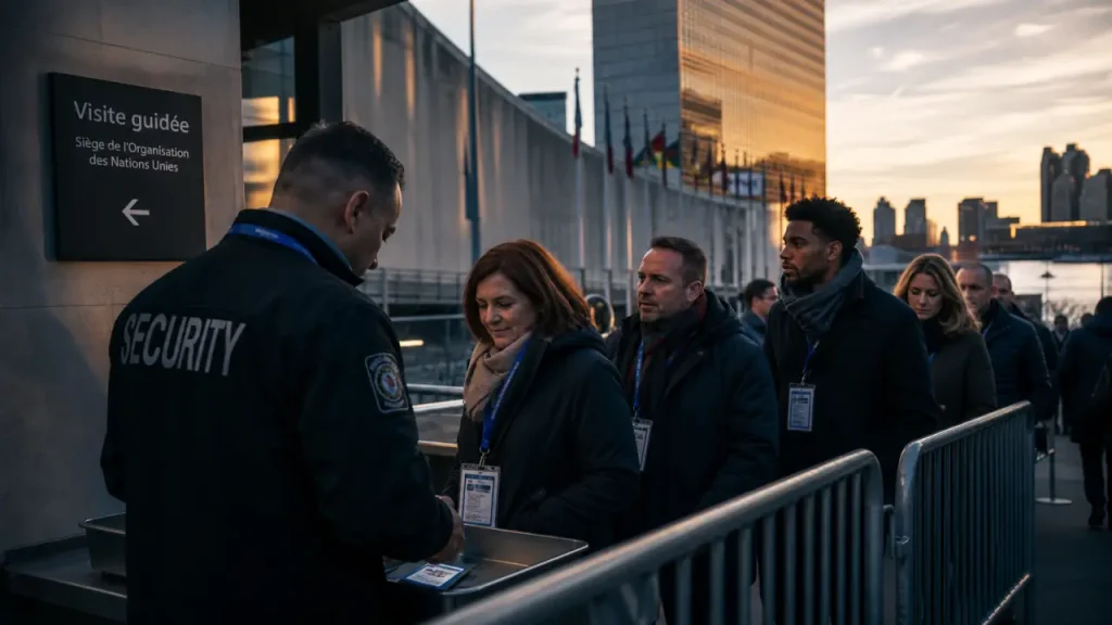 Visiter onu new york : groupe avec badges au contrôle sécurité devant l’ONU