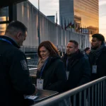 Visiter onu new york : groupe avec badges au contrôle sécurité devant l’ONU