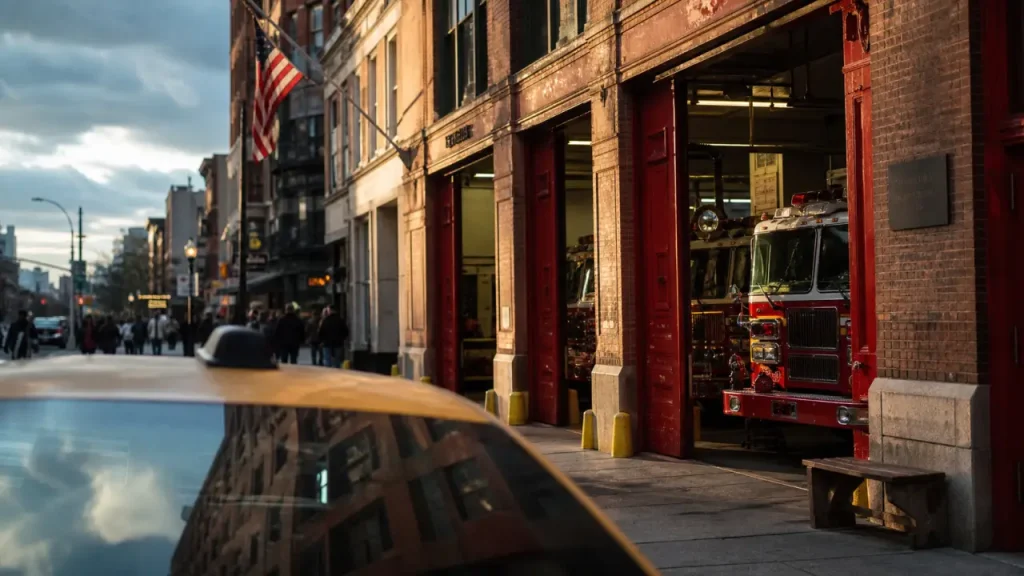 Visiter une caserne de pompier à New York : façade FDNY et camions du garage