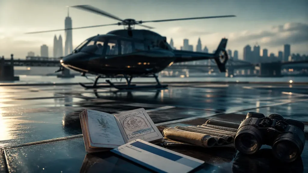 Vol helicoptere new york : hélicoptère sur tarmac et Manhattan en brume