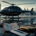 Vol helicoptere new york : hélicoptère sur tarmac et Manhattan en brume