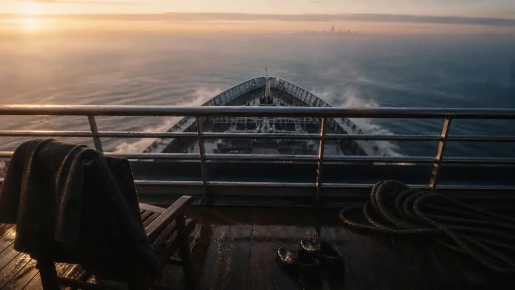Voyage queen mary 2 new york : proue vers Manhattan au lever du jour