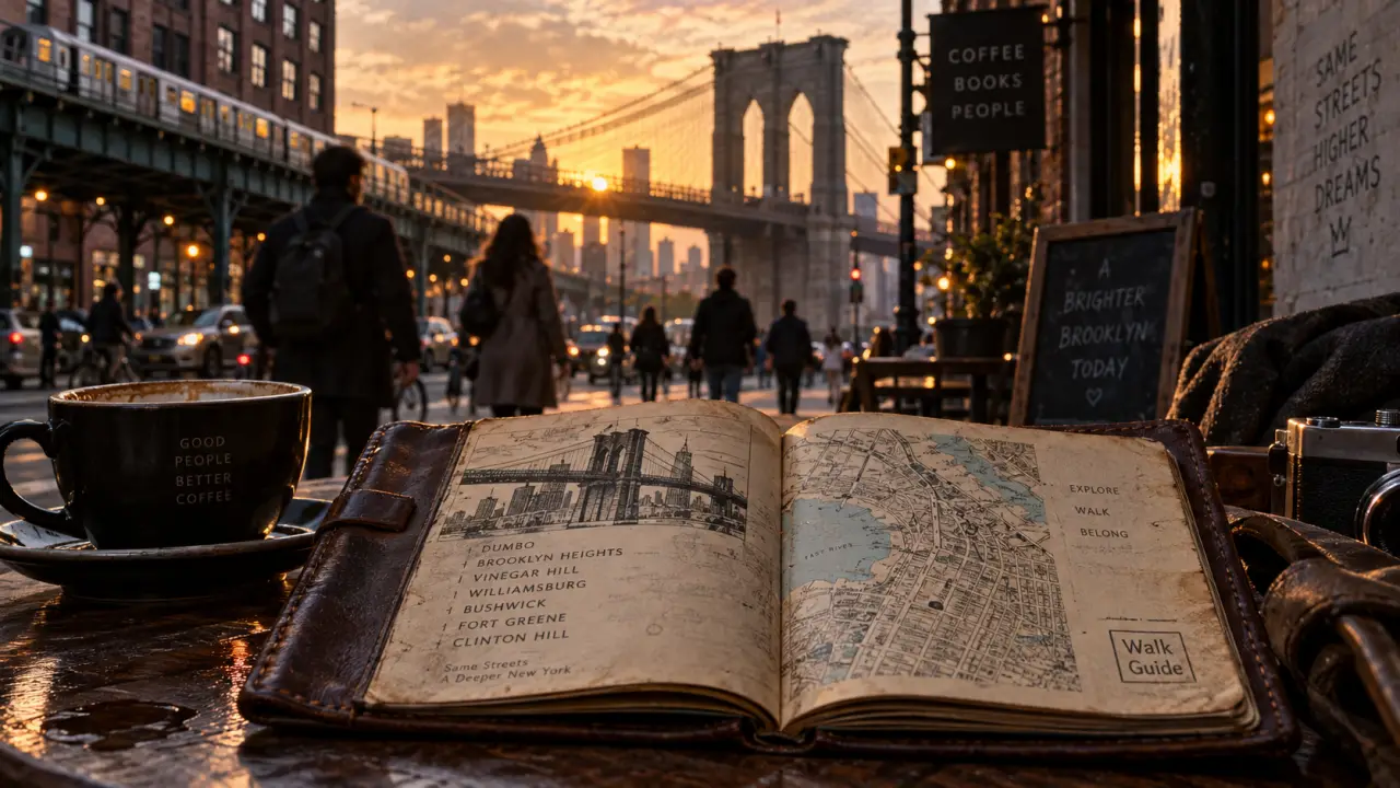 a booklover's guide to new york : guide de marche à Brooklyn, Brooklyn Bridge au coucher de soleil
