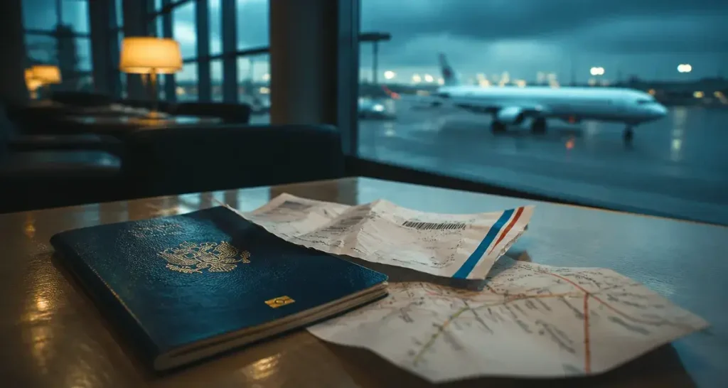 Air France voyage New York : passeport et billet d’avion au salon d’aéroport
