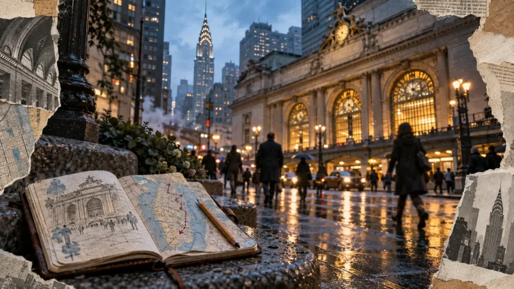 Architectural guide New York : carte de Manhattan et skyline depuis Midtown, lire sans courir