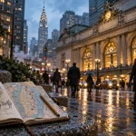 Architectural guide New York : carte de Manhattan et skyline depuis Midtown, lire sans courir