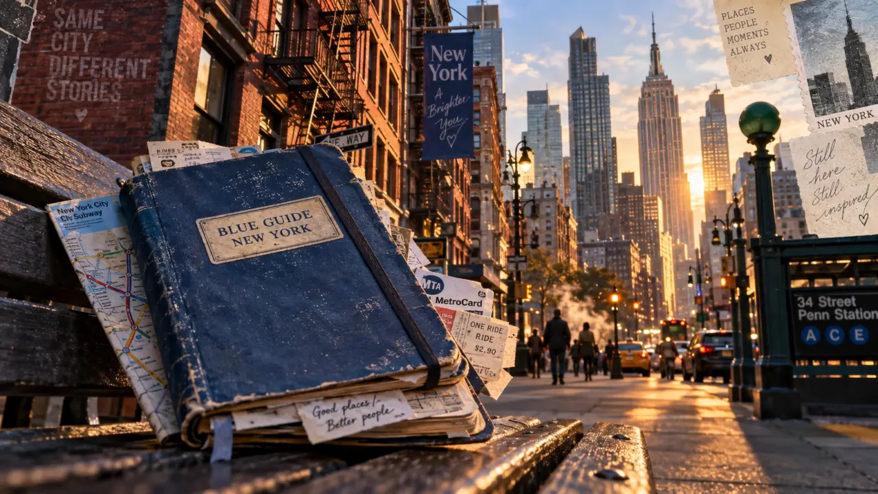 Blue guide New York sur un banc à Manhattan, musées et architecture, golden hour
