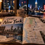 Brochure voyage New York en papier ouverte sur une table, avec carte et détails Metro