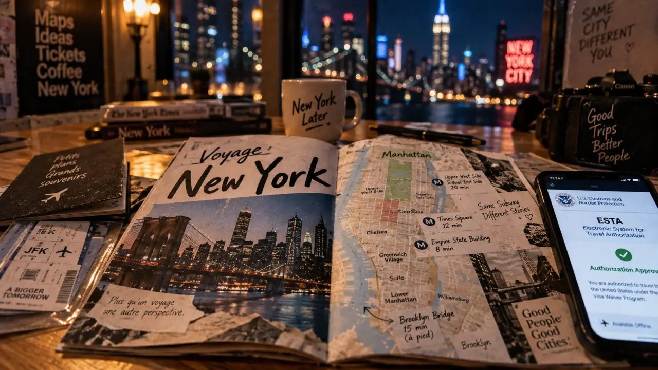 Brochure voyage New York en papier ouverte sur une table, avec carte et détails Metro
