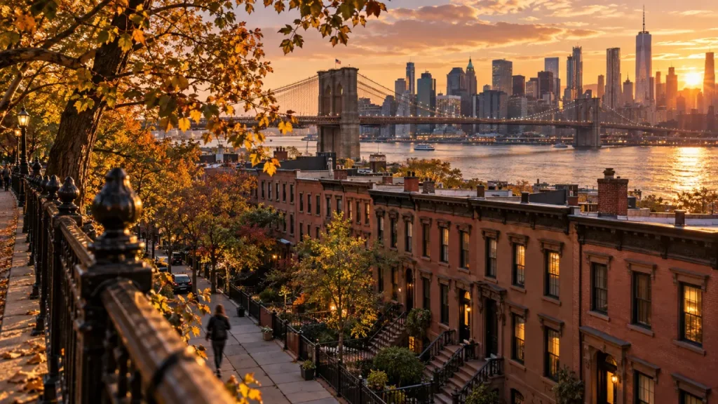 Brooklyn Heights New York, vue skyline depuis la Promenade, brownstones et Brooklyn Bridge