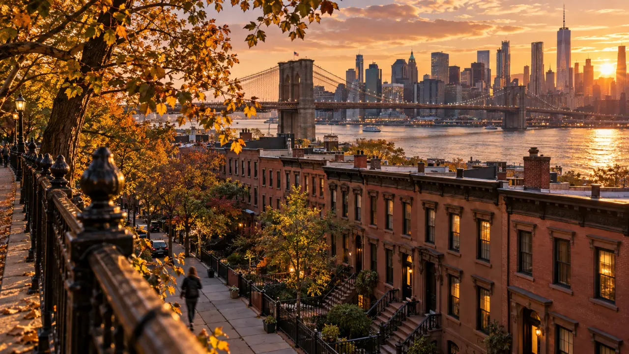 Brooklyn Heights New York, vue skyline depuis la Promenade, brownstones et Brooklyn Bridge