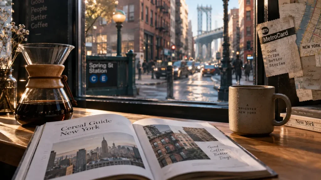 cereal guide new york sur une table, pour visiter Manhattan et Brooklyn