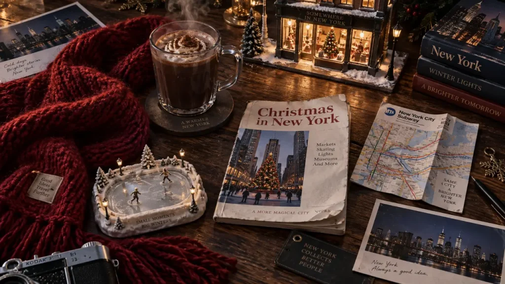Christmas in New York guide : chocolat chaud, écharpe rouge et guide sur table