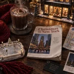 Christmas in New York guide : chocolat chaud, écharpe rouge et guide sur table