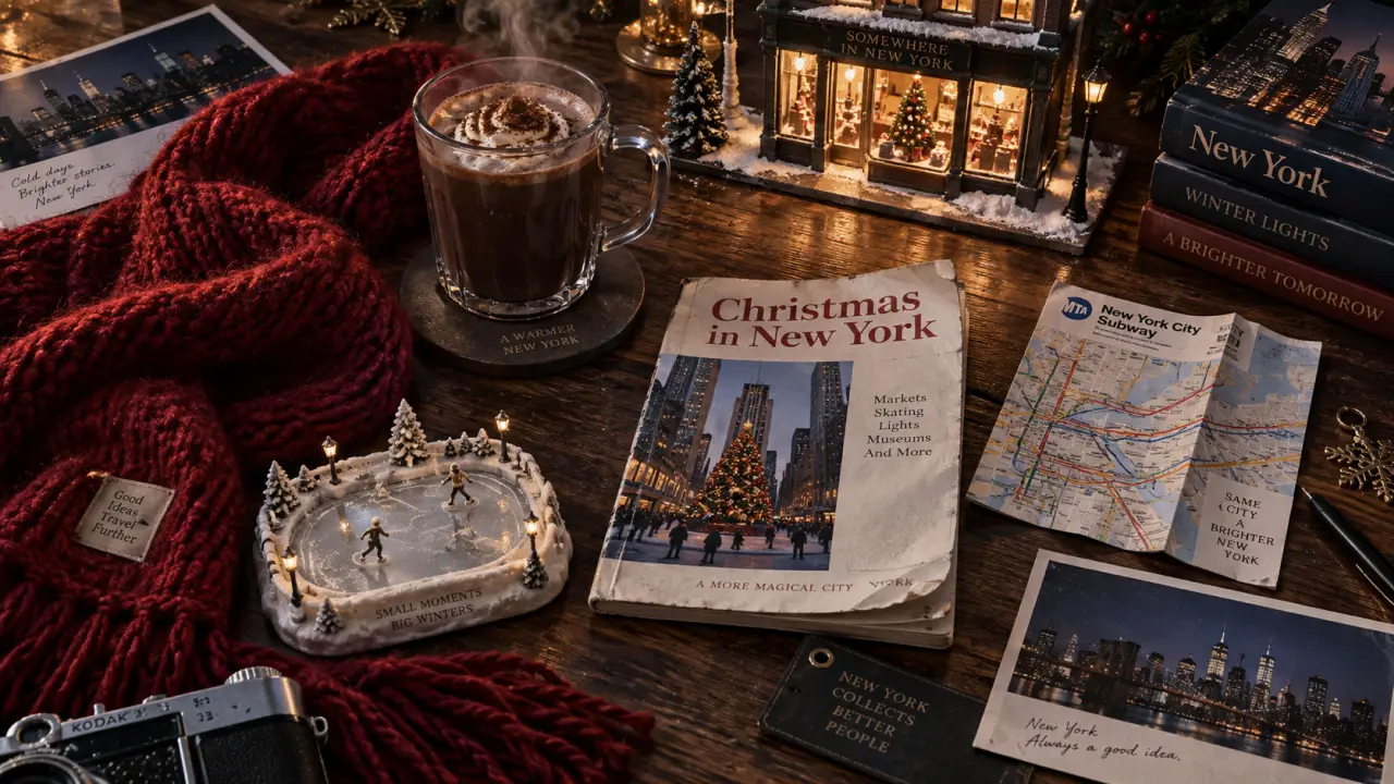 Christmas in New York guide : chocolat chaud, écharpe rouge et guide sur table