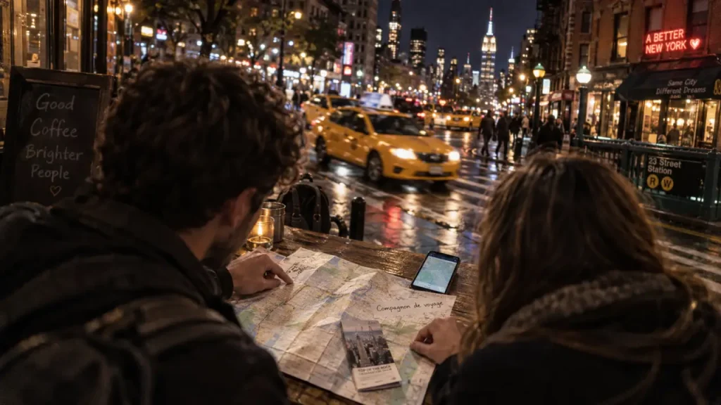 Compagnon de voyage New York : deux voyageurs consultent une carte sur rue