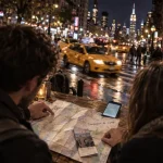 Compagnon de voyage New York : deux voyageurs consultent une carte sur rue