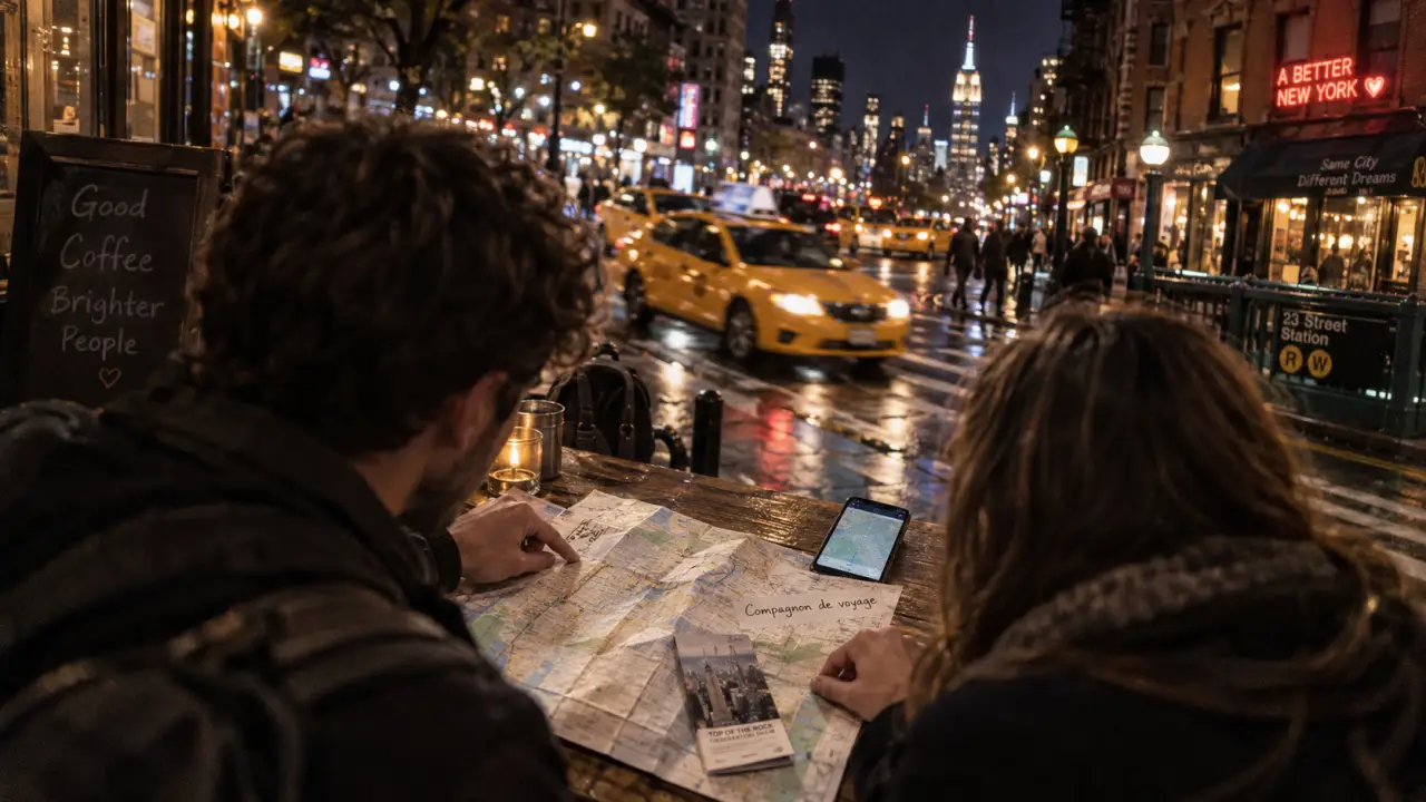Compagnon de voyage New York : deux voyageurs consultent une carte sur rue