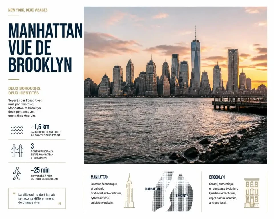 Vue panoramique de la skyline de Manhattan depuis Brooklyn pour illustrer le choix d'un hôtel dans votre new york hotel guide