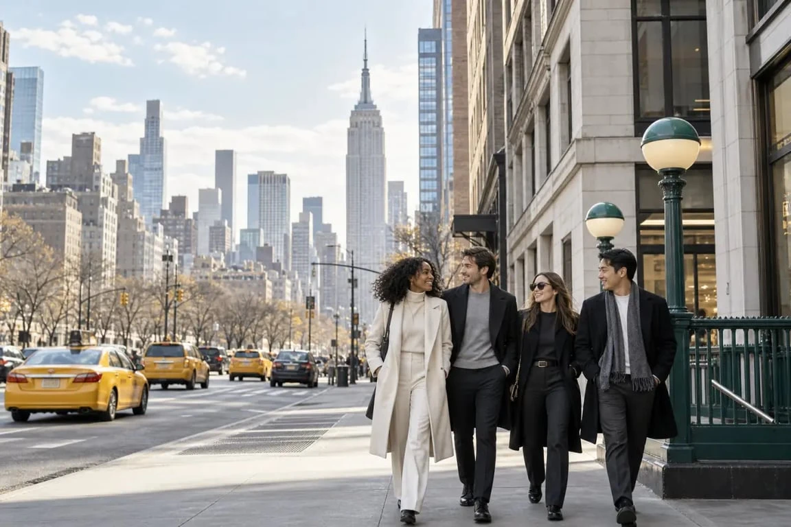Voyage groupe New York avec voyageurs découvrant Manhattan et sa skyline