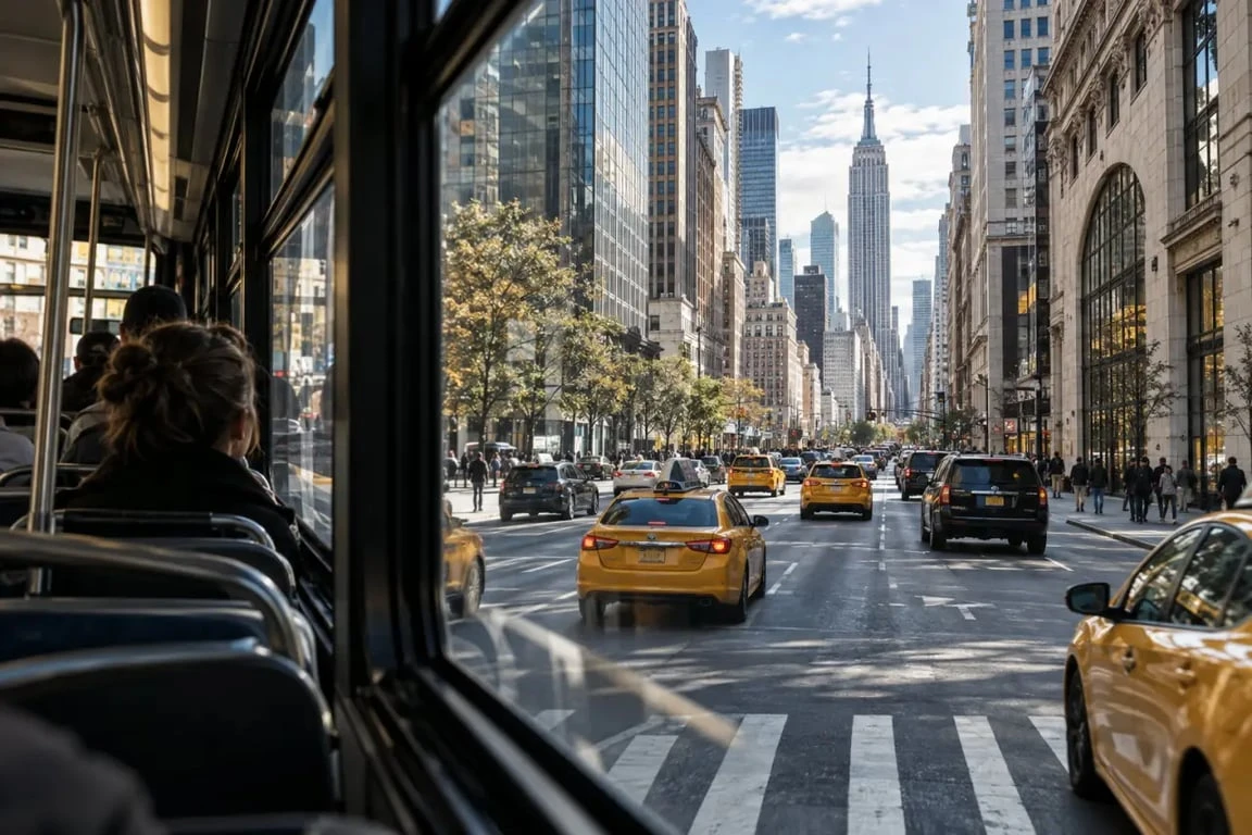 Visiter New York en bus avec une vue sur les avenues de Manhattan depuis un bus urbain