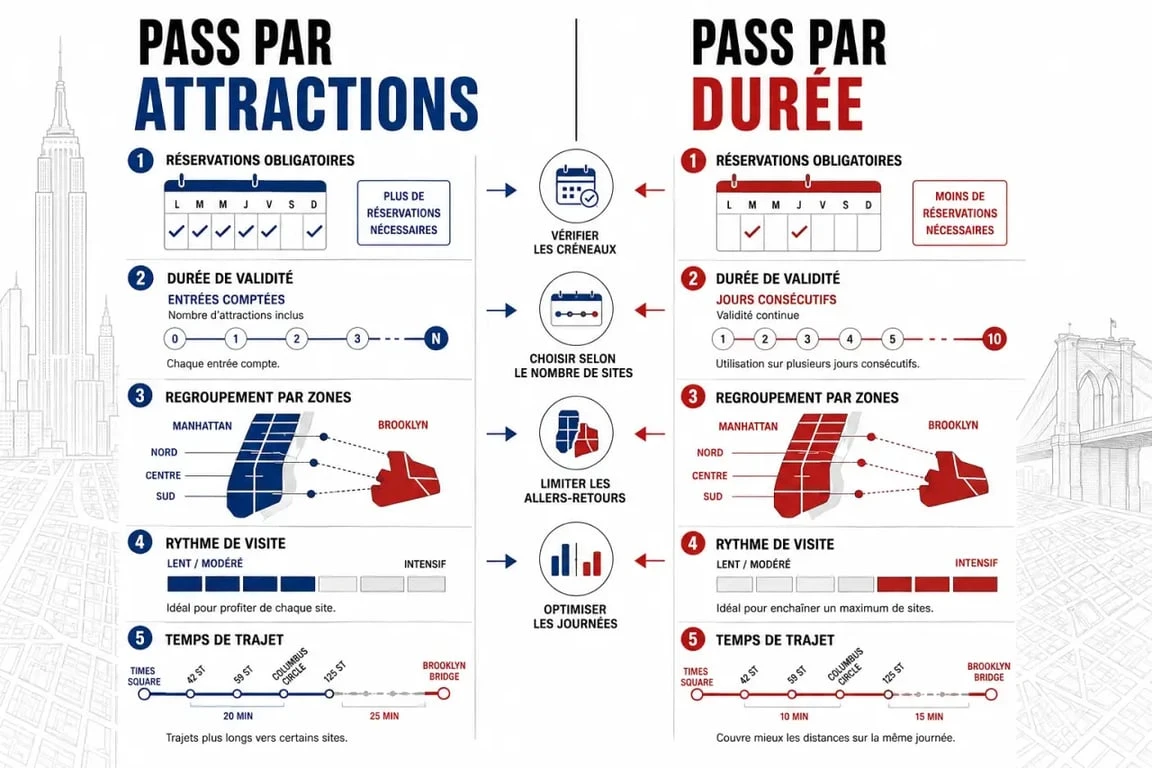 Infographie new york visitor pass comparant pass par attractions et pass par durée