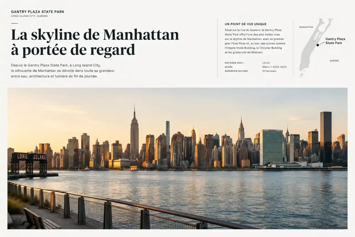 Vue spectaculaire de la skyline de Manhattan depuis Long Island City lors d'une visite du Queens à New York