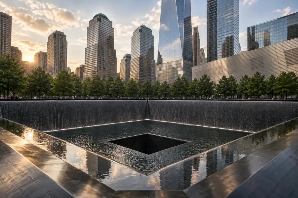 Visiter le mémorial du 11 septembre à New York, vue extérieure des bassins du 9/11 Memorial
