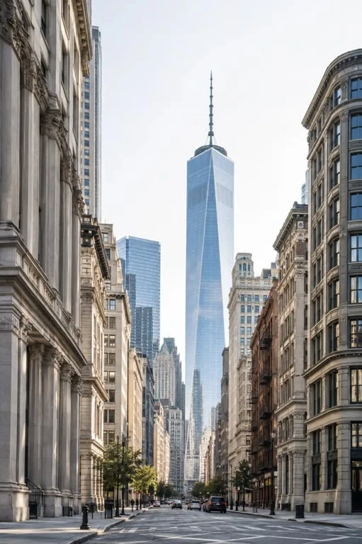 Architectural guide New York : contraste entre les façades historiques du Financial District et One World Trade Center
